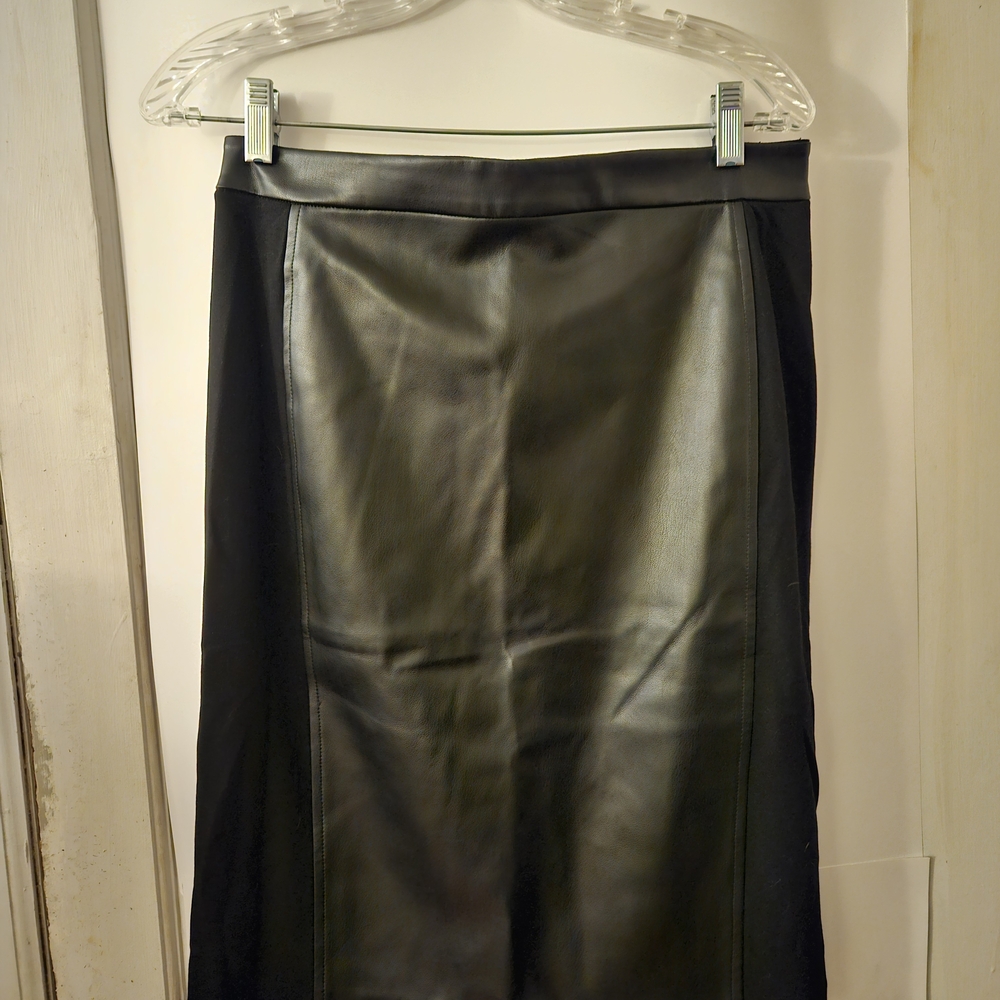 Ann Taylor Black Faux Leather-Front Pencil Skirt